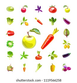 A set of vegetables and fruits. Isolated icons on white background. Natural all-rounder food. Vegetarian foods. Vector illustration

