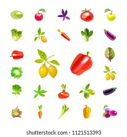 A set of vegetables and fruits. Isolated icons on white background. Natural all-rounder food. Vegetarian foods. Vector illustration

