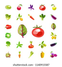 A set of vegetables and fruits. Isolated icons on white background. Natural all-rounder food. Vegetarian foods. Vector illustration

