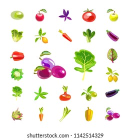 A set of vegetables and fruits. Isolated icons on white background. Natural all-rounder food. Vegetarian foods. Vector illustration

