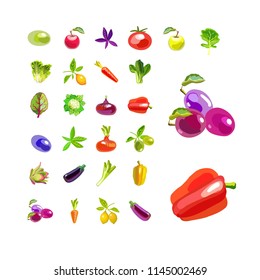 A set of vegetables and fruits. Isolated icons on white background. Natural all-rounder food. Vegetarian foods. Vector illustration

