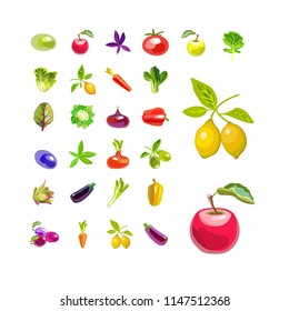 A set of vegetables and fruits. Isolated icons on white background. Natural all-rounder food. Vegetarian foods. Vector illustration

