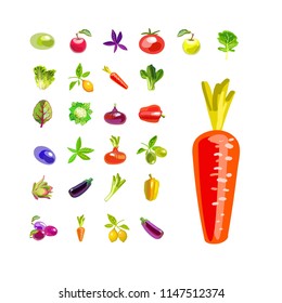 A set of vegetables and fruits. Isolated icons on white background. Natural all-rounder food. Vegetarian foods. Vector illustration

