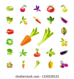 A set of vegetables and fruits. Isolated icons on white background. Natural all-rounder food. Vegetarian foods. Vector illustration

