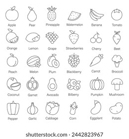 Set of vegetables and fruits with names line icons illustration