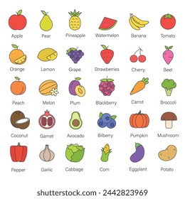 Set of vegetables and fruits with names line icons illustration