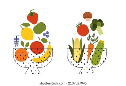 Set of vegetables and fruits in a plate. Organic food flat illustration. Geometric vector image concept of healthy eating