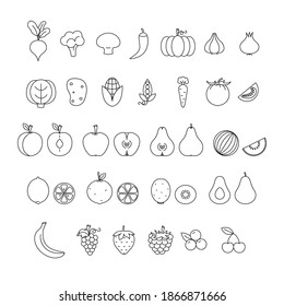 Set of vegetables and fruits simple outline icon. Food outline icon. Vector illustration.