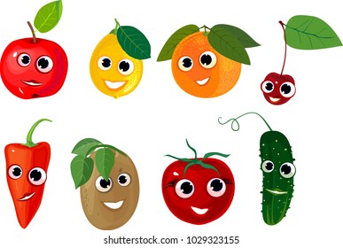 Set of vegetables and fruits with smiling faces
