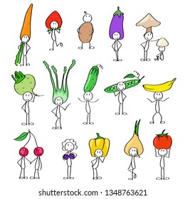 Set of vegetables and fruits stick figures. Colors are on the separate layer. Collection of funny harvest stick men.
