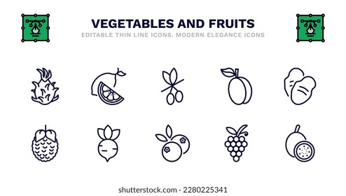 set of vegetables and fruits thin line icons. vegetables and fruits outline icons such as lemon, olive, apricot, tuber, raspberry, raspberry, radish, blueberries, grapes, passion fruit vector.