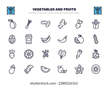 set of vegetables and fruits thin line icons. vegetables and fruits outline icons such as apricot, potatoes, radishes, mason jar, grapefruit, orange, asparagus, sweet potato, tangerine, kiwi vector.