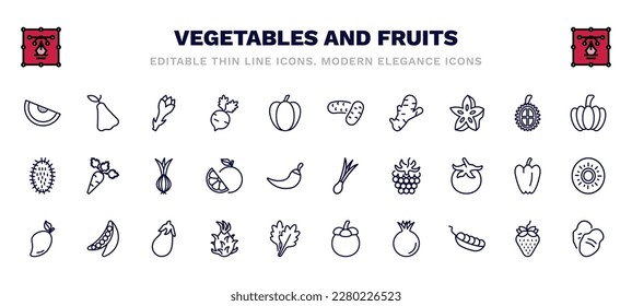 set of vegetables and fruits thin line icons. vegetables and fruits outline icons such as melon, asparagus, potatoes, pumpkin, onion, spring onion, mango, pitaya, pomegranate, tuber vector.