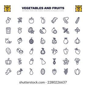 set of vegetables and fruits thin line icons. vegetables and fruits outline icons such as radishes, mangosteen, sweet potato, basil, avocado, coconut, peach, onion, pear vector.