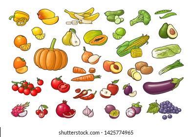 Set vegetables and fruits. Vector color flat illustration. Isolated on the white background.