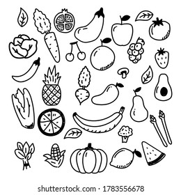 Set of vegetables and fruits vector draw in doodle style isolated on white background