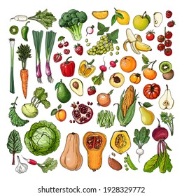 Set of vegetables and fruits vector food. Cabbage, pumpkin, corn, broccoli, banana, tomato, ranta, lemon, apple, pear