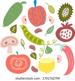 SEt of vegetables and fruits in vector graphics, in cartoon style. For the design of wrapping paper, kitchen towels, dishes, botanical illustrations for children, covers for notebook, tablecloths.