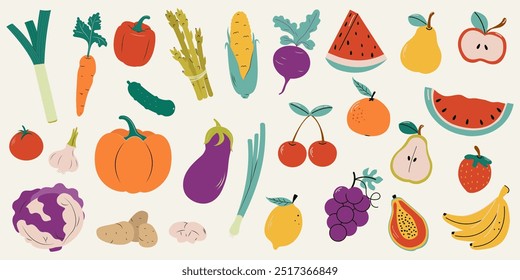 Conjunto de legumes e frutas. Alho-francês, pimenta, espargos, abóbora, tomate, repolho, milho, pepino, batatas, cogumelos, alho, cebola, berinjela, beterraba, cereja, limão, uvas, tangerina, maçã, melancia.Vetor