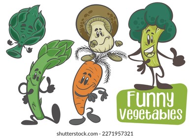 Set of vegetables. Funnny cartoon character. Vector isolated background 