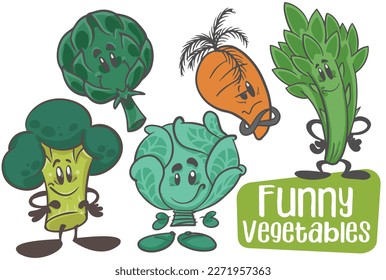 Set of vegetables. Funnny cartoon character. Vector isolated background 