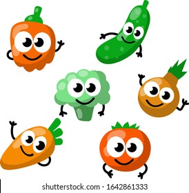 Set of vegetables. Funny character. Mascot of healthy diet. Red tomato, green cucumber, broccoli, pepper, carrot, onion. Natural product with eyes and hands. Cartoon flat illustration