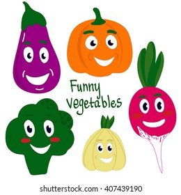 Set Vegetables funny characters. Cartoon style. Face with eyes and smile. Color image isolated on a white background. Eggplant, broccoli, garlic, pumpkin, radish. Vector illustration EPS 10