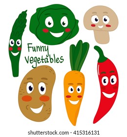 Set Vegetables funny characters. Cartoon style. Face with eyes and smile. Chilli, red pepper, mushroom, mushroom, carrots, potatoes, cabbage, asparagus. Vector  isolated  illustration EPS 10