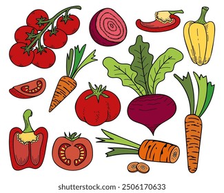 Fije las verduras del jardín dibujadas a mano plana. Frutas frescas, raíces, bayas, hojas para comer. Productos cultivados en granjas. Cebollas, calabacín, repollo, zanahorias. Vector doodle ilustración.