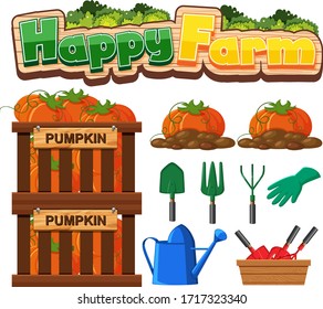 Conjunto de verduras y herramientas de jardinería en la ilustración de fondo blanco