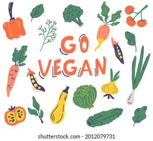 Conjunto de verduras. Vayan a vegano. Diversas verduras y eslóganes para alimentos saludables, tiendas de productos naturales y mercados orgánicos. Vegan, granja, desintoxicación. Producto ecológico. Ilustración vectorial al estilo de las caricaturas planas.