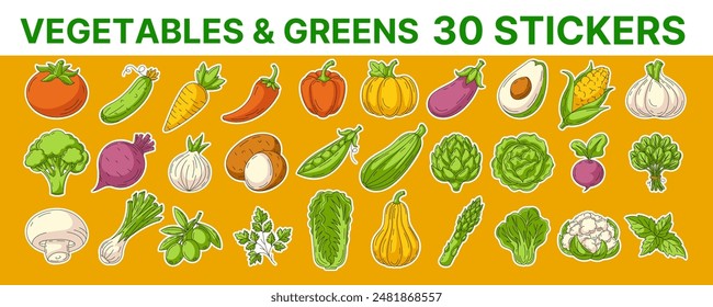 Set of vegetables and greens stickers. Concept of farming, vegetarian food, proper nutrition, harvesting. For prints, cards, paper crafts, scrapbooking.