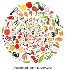Set of vegetables for grilling. Round logo of vegetables and meat with a grill in the center