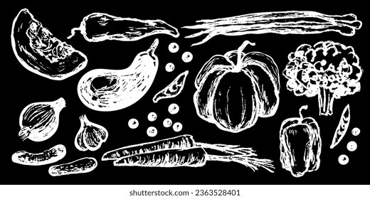 Set of vegetables grunge style sketches. Black and white collection of vegetables. Pepper, broccoli, eggplant, onion, carrots, cucumber, garlic, peas, pumpkin, cauliflower. Drawn with dry brush