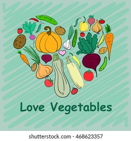 Set of vegetables hand-drawn in the form of heart for your advertising. Vector illustration