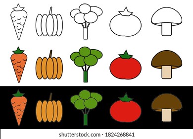 A set of vegetables for a healthy diet. Carrots, pumpkin, cauliflower, tomato and mushroom. Vector, icons, doodles.