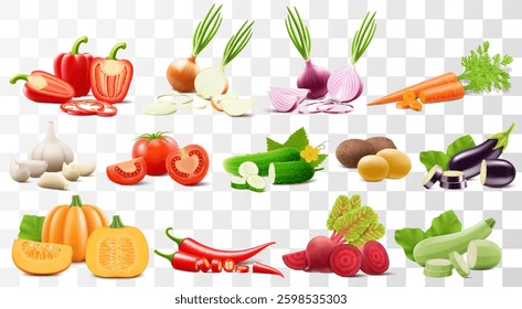 Set of vegetables. Healthy food concept. Collection of vegetables bell pepper, carrot, onion, garlic, tomato, cucumber, potato, eggplant, pumpkin, chili pepper, beetroot, zucchini. Realistic 3d vector