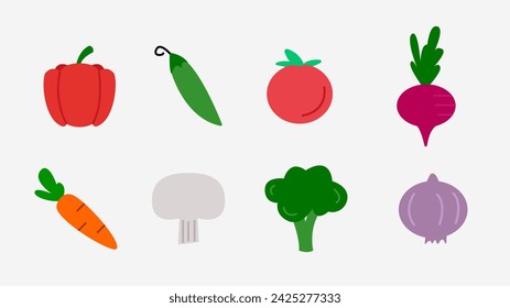 Set of vegetables. Healthy food. Vector illustration. Tomato, Onion, Carrot, Mushroom, Broccoli, Beet, Pea