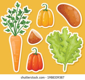 Set of vegetables and herbs for salad. A collection of healthy vitamin products, vegetarian food stickers. Bell pepper, lettuce, carrots and potatoes.