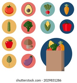 Set of vegetables icon flat design vector illustration cartoon concept design for supermarkets Fresh food delivery art work 
