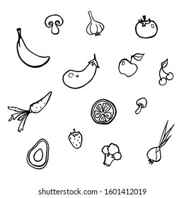 set of vegetables icon. vector contour image isolated on a white background. carrot, avocado, apple, strawberry, cherry, mushroom, orange, lemon, tomato, garlic, onion, broccoli, eggplant, banana.
