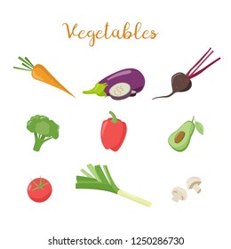 Set with vegetables icons (carrot, mushrooms, tomato, leek, avicado, broccoli, eggplant, paprika, beet). Vector illustration