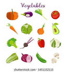 Set with vegetables icons (carrot, mushrooms, tomato, leek, avocado, broccoli, eggplant, paprika, beet, salad, cabbage, onion, pumpkin, cucumber). Vector illustration