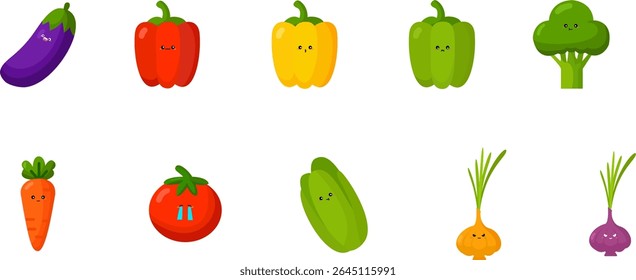 set of vegetables icons	cute kawaii face character expression logo emoji smiley