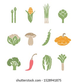 Set of vegetables icons isolated on white background. Colorful vegetables original design. Can be used for infographics or decoration. Vector shabby hand drawn illustration