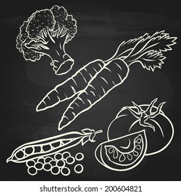 Set of Vegetables Icons over Chalkboard Background - Vector Outline Cartoon