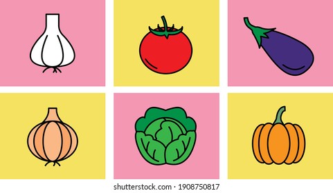 Set of vegetables icons. Tomato, garlic, eggplant, onion, cabbage, pumpkin.