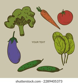Set with vegetables. Illustration with drawn tomato, lettuce, broccoli, carrots, cucumbers, eggplant. Healthy food, groceries, market. Background for poster, banner, flyer. Flat vector illustration