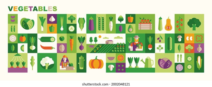 Set of vegetables illustrations: cabbage, broccoli, cucumber, tomato, zucchini, eggplant, carrot. Fresh healthy food. Vector icons in flat geometric style: veg, farmland, farmers and product boxes. 