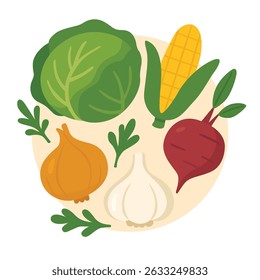 Set of vegetables including cabbage, corn, beet, onion, and garlic with herbs. Flat cartoon vector illustration. Design for sticker, banner, poster, postcard, greeting card